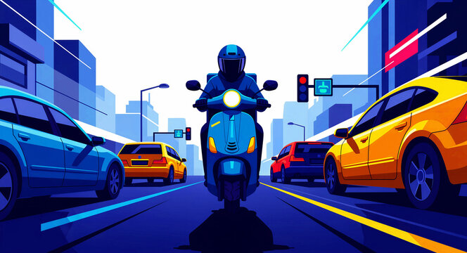 Courier on a scooter riding through urban city traffic between cars. Vector illustration of a delivery driver in a helmet on a blue motorbike. Fast shipping and logistics concept for food apps.