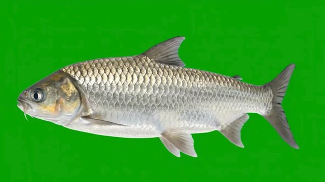 A common freshwater fish featuring detailed scales and fins captured in a studio shot and isolated on a green background for aquatic and fishing concepts