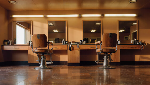 Elegant empty hair salon interior with styling chairs and mirrors