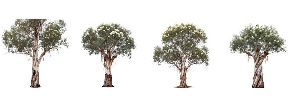 Four Australian flowering eucalyptus trees isolated on black background