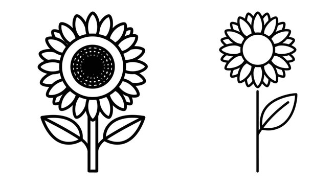 Two simple black and white sunflower line art icons for nature design