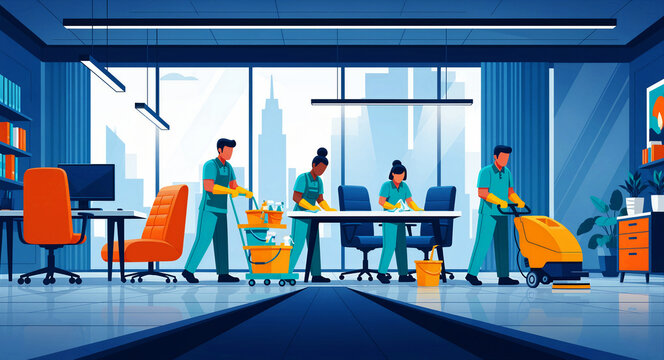 Professional janitors cleaning a modern corporate office. Staff wiping desks and using a floor scrubber machine for maintenance. Commercial hygiene concept, ideal for janitorial service marketing.