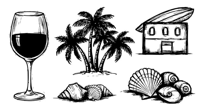 Summer Vacation Icons: Wine, Palm Trees, Beach House, Seashells Sketch