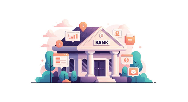 Bank building illustration with digital finance and online banking icons.