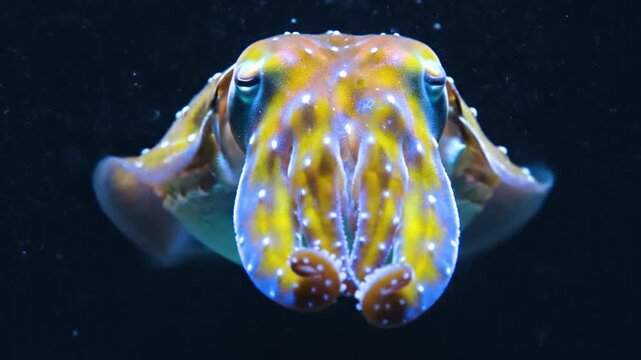 Colorful iridescent cuttlefish swimming in deep ocean water