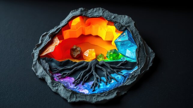Colorful layered artwork resembling geological strata. Bright hues transition from red to blue, framed by rough stone texture. Unique design.