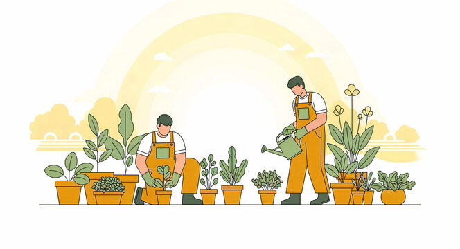Men in overalls gardening and watering potted plants. Urban gardeners tending to greenery under a bright sun. Growth and sustainability concept, ideal for plant care blogs and eco marketing.