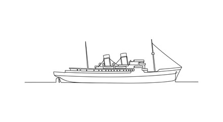 Fototapeta premium Outline illustration of a classic passenger ship sailing on a calm body of water, perfect for nautical themes and historical depictions