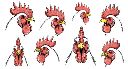Vintage rooster head illustrations, hand drawn farm animal sketches, set of 8 rustic red cockerel icons, traditional poultry vector graphics © sidra