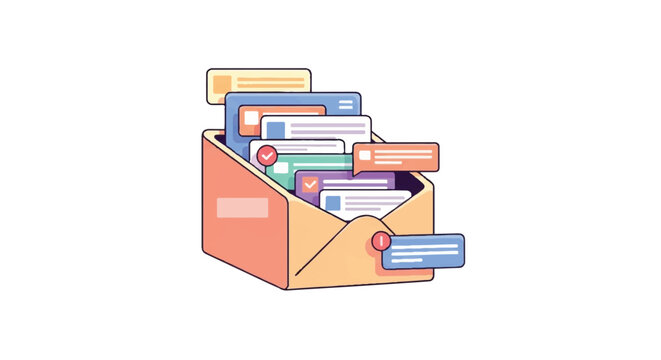 Cartoon style overflowing mailbox with unread messages and notifications.