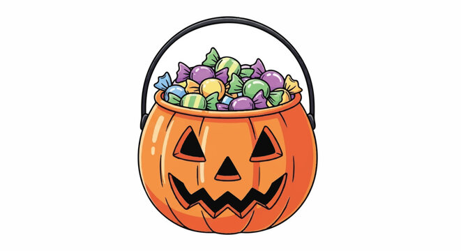 Cartoon Jack O Lantern pumpkin bucket filled with colorful candy.