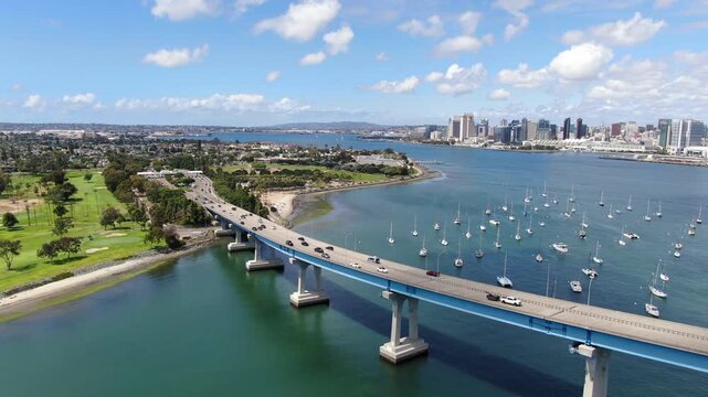 Aerial Drone View Of Coronado Bridge With San Diego Skyline