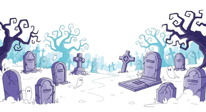 Cartoon Graveyard with a Tombstone Shaped Like an Old Flip Phone.