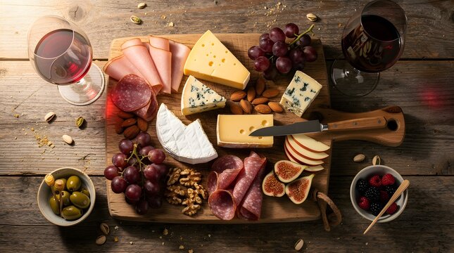 Charcuterie board with assorted cheeses, meats, fruits, and wine