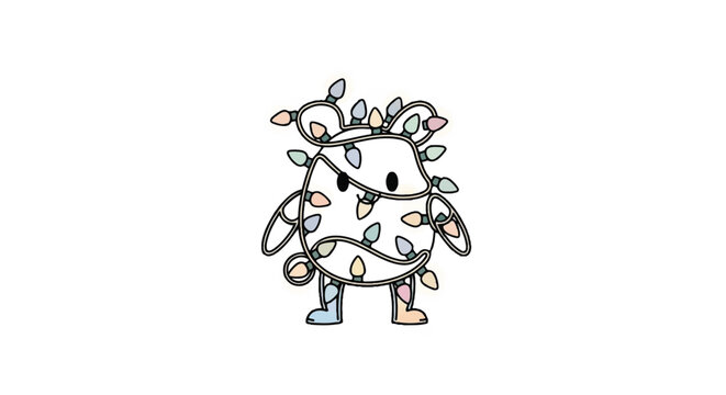 Cute cartoon monster character tangled up in festive Christmas string lights.
