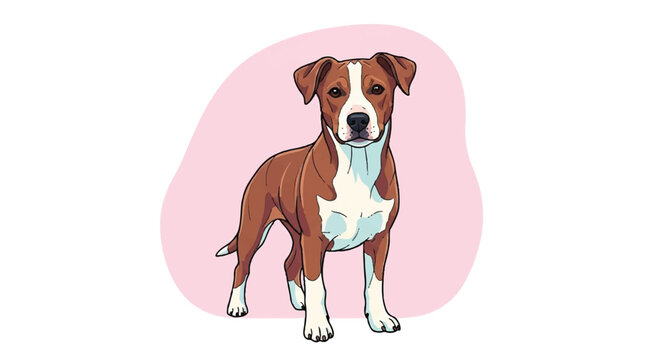 Cute cartoon illustration of a brown and white pit bull terrier dog standing.