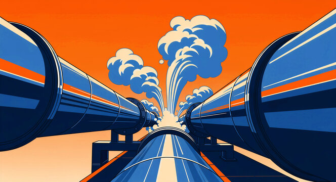 Stylized pipelines with steam rising from a junction. Industrial metal conduits in a bold comic art style against an orange sky. Energy infrastructure and utility maintenance concept.