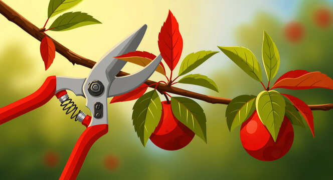 Garden pruning shears cutting a fruit tree branch in a sunny orchard. Sharp scissors trimming foliage near ripe red fruit. Agriculture maintenance concept for gardening guides and harvest marketing.