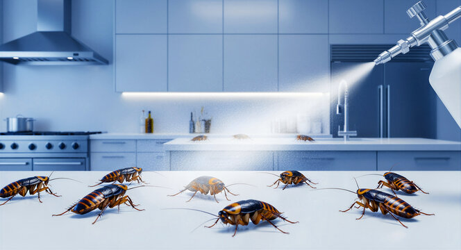 Spraying chemical mist on cockroaches crawling on a kitchen counter. Large roaches infest a modern kitchen while a pest control treatment is applied. Professional extermination service concept.