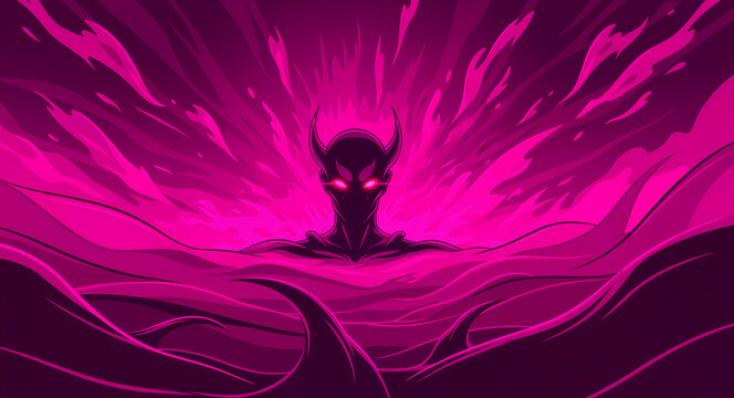 Dark horned demon silhouette with glowing eyes in swirling pink energy. Vector art of a monster character in a magenta fantasy landscape. Evil entity concept for gaming and dark fantasy design.