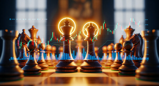 Chess pieces on board with financial stock market data overlays. Glowing king and queen represent strategic leadership and investment success. Concept for business strategy and trading analysis.