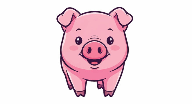Cute Pink Cartoon Pig Character Smiling Happily Isolated on White Background.