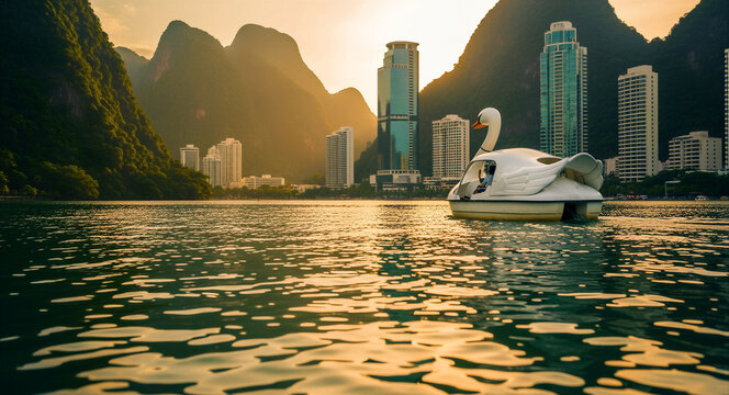 Swan pedal boat on a lake with a city skyline and mountains at sunset. Leisure ride near modern skyscrapers and lush green hills. Urban travel and recreation concept for tourism and lifestyle media.