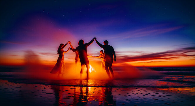 Silhouetted people dancing around a bonfire on a beach at sunset. Friends holding hands in a circle during a twilight party. Celebration concept, ideal for summer travel and lifestyle marketing.