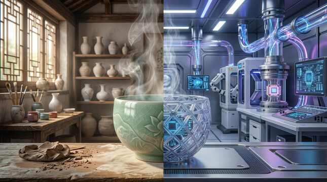 A split screen comparison featuring a traditional pottery workshop with clay vases and a high-tech laboratory with 3D printed lattice structures and digital screens.