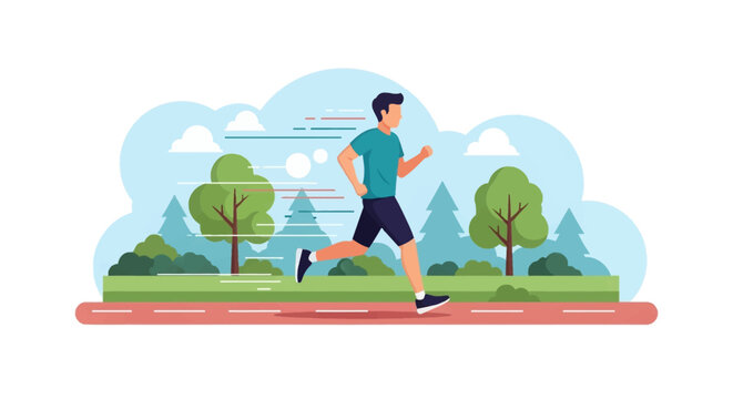 Vector illustration of a man jogging on a path in a public park with motion blur effects, wearing a teal t-shirt and dark shorts, surrounded by green trees and blue sky.