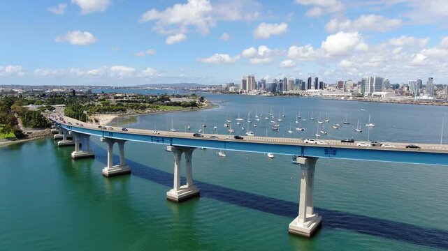 Aerial Drone View Of Coronado Bridge With San Diego Skyline