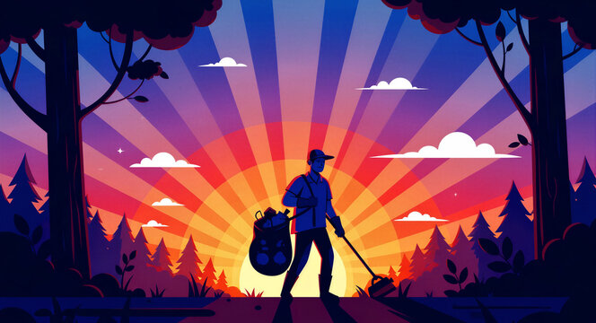 Volunteer cleaning up trash in a forest at sunrise. Worker uses a grabber tool and carries a garbage bag against a vibrant sunburst. Ecology concept, ideal for environmental awareness marketing.