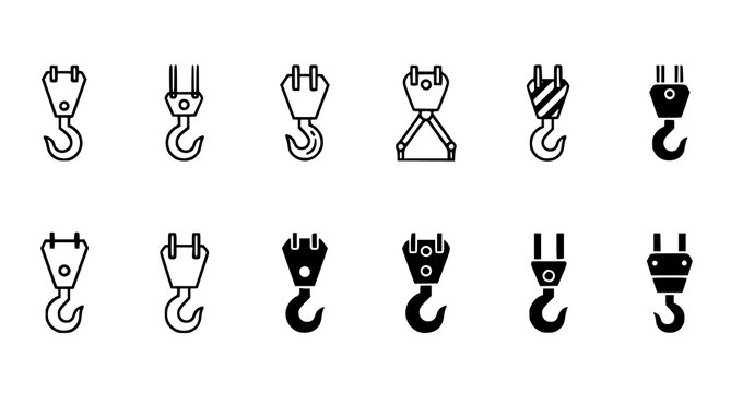 Construction crane hook icons collection featuring various industrial lifting hook designs in outline and solid black silhouette styles for heavy industry and engineering vector