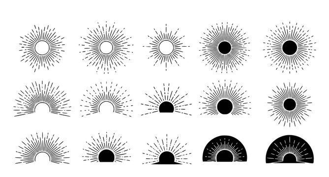 Set of sunburst icons and half sun elements in various graphic styles isolated on white background for logo and branding design projects vector illustration