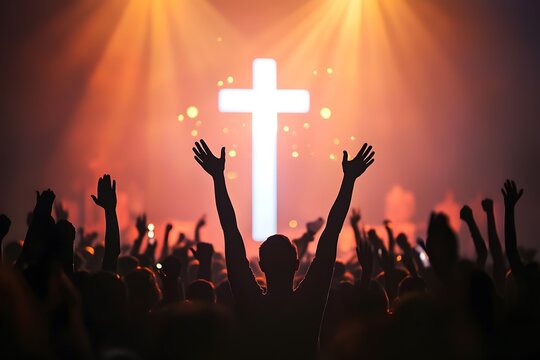 Religious gathering showing devotion under cross high resolution picture