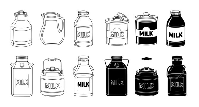 Vintage and modern milk container icons featuring jugs cans and bottles in line art and solid black vector design styles