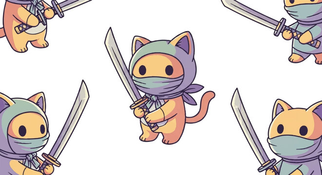 Seamless pattern of a cute cartoon ninja cat holding a sword.