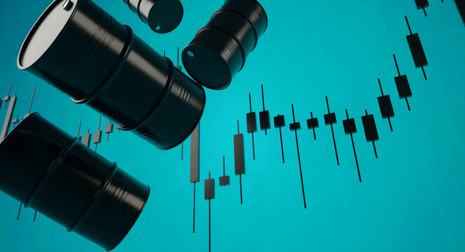 Black oil barrels floating over a financial candlestick chart. 3D render representing energy sector trading and commodity market trends. Fuel price volatility concept for financial news and reports.