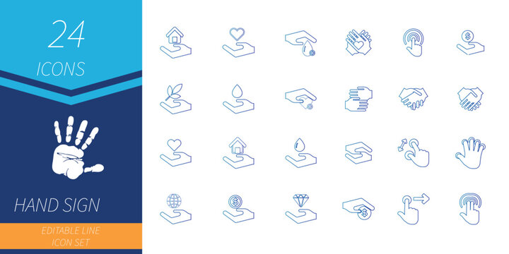Fully Editable gredient hand sign line icon set