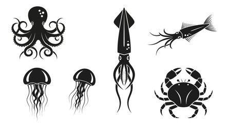 Black squid octopus jellyfish crab fish. © Arzan