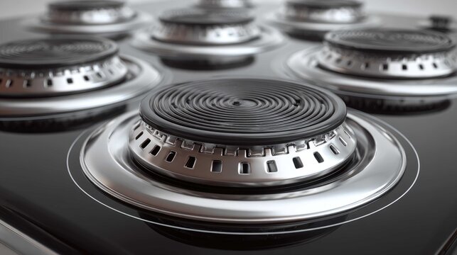 Close-Up View of Modern Gas Cooktop with Black Burner Grates and Stainless Steel Details in a Kitchen Setting