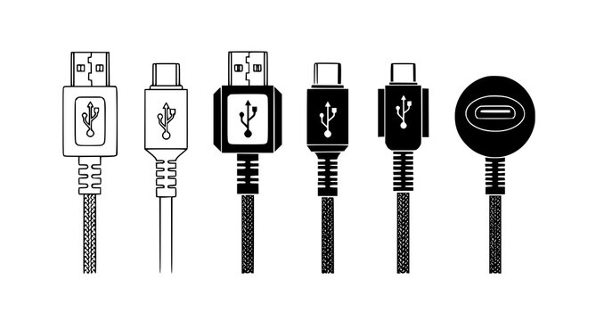Various USB cable connector types including USB-C micro and standard plugs in black and white vector illustration for technology and electronics hardware documentation