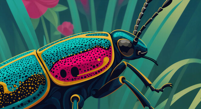 Colorful beetle illustration with teal and pink shell patterns. Artistic vector graphic depicting a stylized insect in green foliage. Nature concept for environment and creative design projects.