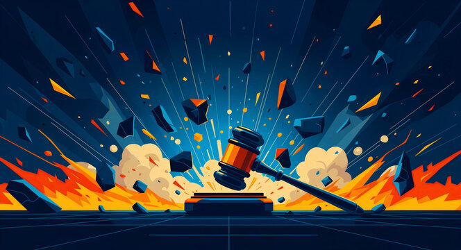 Judge gavel striking a block with a powerful explosion of debris. Dynamic vector illustration showing a legal verdict impact. Law and justice concept, ideal for legal marketing and court news.