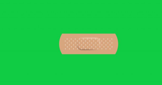 Beige adhesive antibacterial bandage. Animated elastic patch with rounded edges and air ducts on green. Adhesive bandage for emergency medical care for wound, scratch, calluse on skin. 4K video