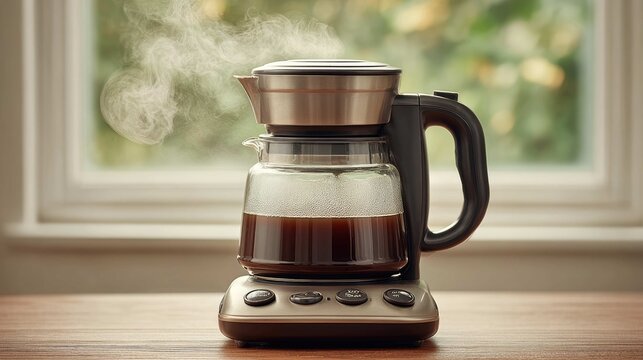 Modern coffee maker brewing fresh coffee in a cozy kitchen with steam rising and blurred green background