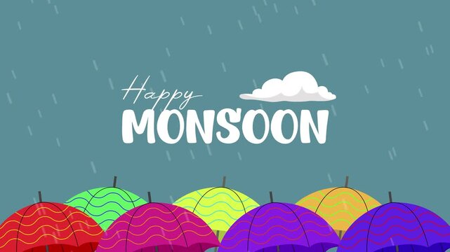 Colorful umbrellas celebrating rainy season joy. Monsoon day concept. Full length Icon animation illustration. High quality&nbsp;4k&nbsp;footage