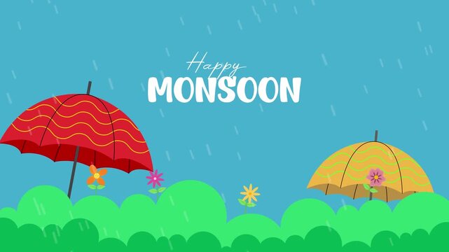 Garden scene with umbrellas in rain. Monsoon day concept. Full length Icon animation illustration. High quality&nbsp;4k&nbsp;footage