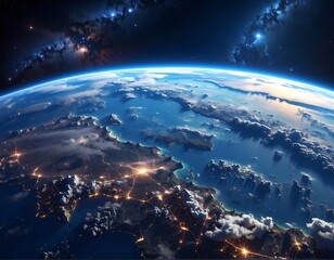 Fototapeta premium A stunning view of Earth from space with illuminated cities and clouds