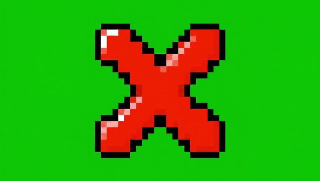 Red pixel art cross mark animation isolated on green screen background.